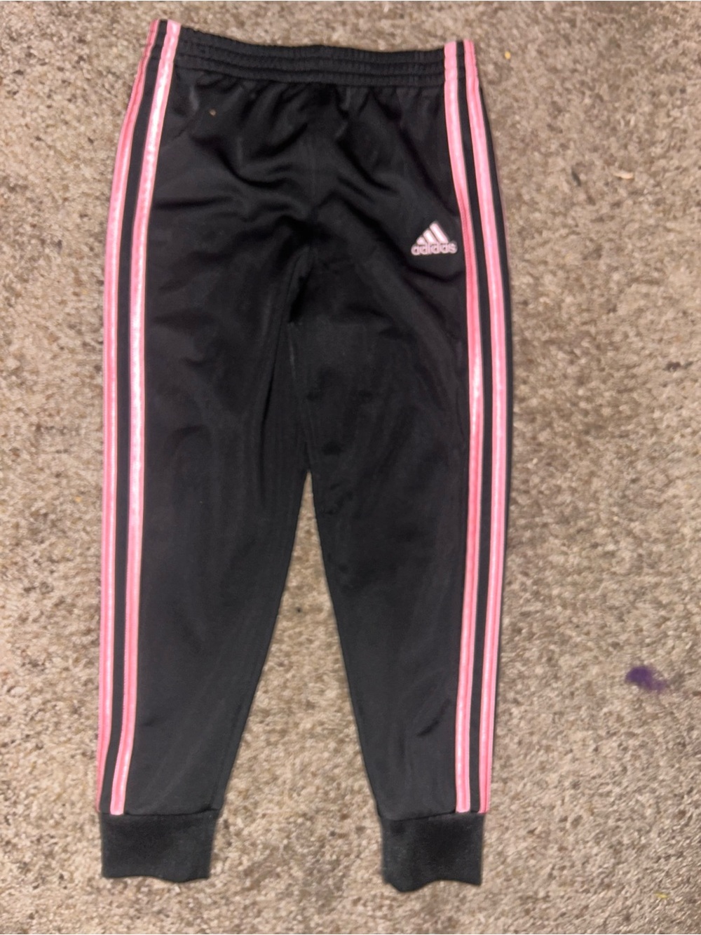 Adidas Girls Black and Pink 3-stripe track pants joggers size 6